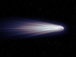 Tail of a large comet glows against the background of stars in outer space near the Earth. Observation of astronomical objects.