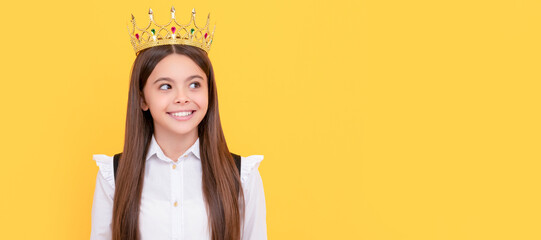 arrogant princess in tiara. proud teen girl smiling. egoistic child wear diadem. Child queen princess in crown horizontal poster design. Banner header, copy space.