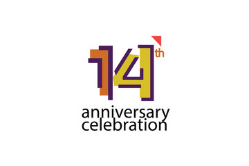 14 year anniversary celebration abstract style logotype. anniversary with purple, yellow, orange color isolated on white background, vector design for celebration, invitation, greeting card - Vector