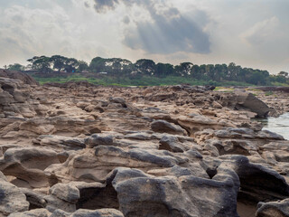 The rock field, rocky shore (Sam Phan Bok) in the middle of the Mekong river during the dry season.