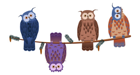 Four multi-colored decorative owls in various poses on a spruce branch with cones