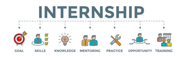 Internship banner web vector illustration icon with goal, skills, knowledge, mentoring, practice, opportunity, and training icon