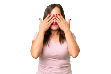 Middle-aged caucasian woman over isolated background covering eyes by hands