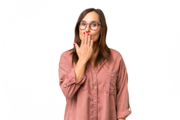 Middle-aged caucasian woman over isolated background covering mouth with hand
