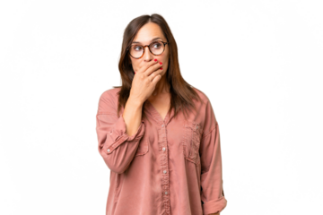 Middle-aged caucasian woman over isolated background having doubts and with confuse face expression