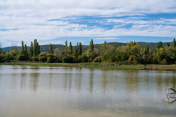 Fototapeta na wymiar Lake in autumn forest with white clouds.