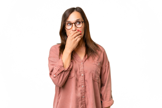 Middle-aged caucasian woman over isolated background having doubts and with confuse face expression