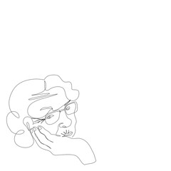 Close up the side of an unhappy elderly woman sitting with her hands on her chin isolated vector illustration in single line drawing style.Alone one stress Adult in depression and be absent-minded.