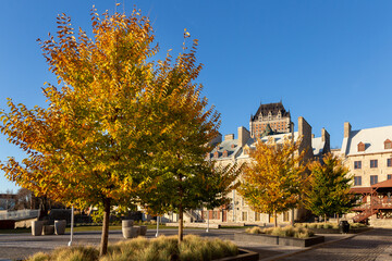 Fototapeta na wymiar Historic buildings on Place de Paris in the Petit-Champlain sector seen during a golden hour morning with trees in fall foliage in the foreground, Quebec City, Quebec, Canada