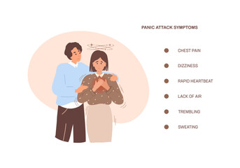 Panic attack Symptoms, Panic disorder concept. Woman got panic attack, mental support. Cartoon flat vector illustration. 