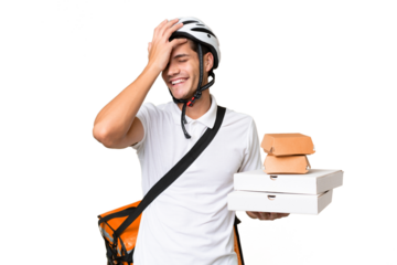 Young caucasian man with thermal backpack over isolated background smiling a lot