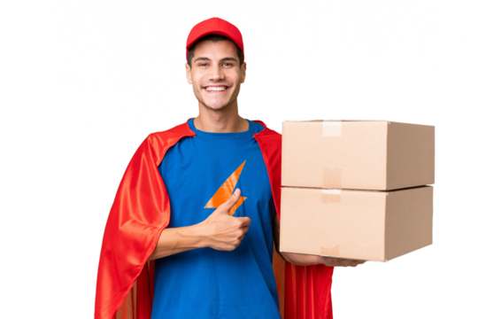 Super Hero delivery man over isolated background giving a thumbs up gesture
