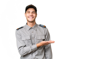Young security man over isolated background presenting an idea while looking smiling towards