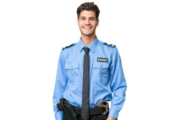 Young police man over isolated background laughing