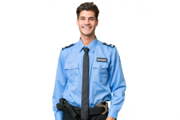 Young police man over isolated background laughing