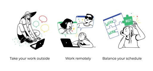 Summer vacation illustration set. Scenes with people performing summer outdoor activities-sunbathing, swimming,hiking. Visual stories collection