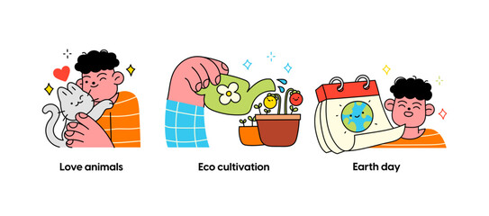Eco friendly lifestyle and protecting the environment - set of business concept illustrations. Love animals, Eco cultivation, Earth day. Visual stories collection