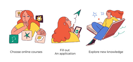 Educational and Self-Development. Concept for trainings, seminars, online courses. Choose the course, Fill out an application, Explore new knowledge. Visual stories collection
