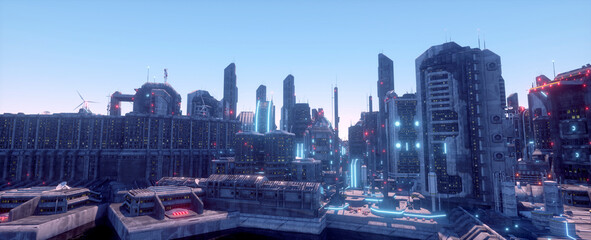 Neon futuristic city. Urban future. Bright neon day in a city of a future with blue neon lights. Futuristic skyscrapers with bright glowing lights. Cyberpunk scene. 3D illustration.