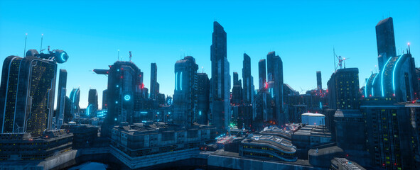 Neon futuristic city. Urban future. Bright neon day in a city of a future with blue neon lights. Futuristic skyscrapers with bright glowing lights. Cyberpunk scene. 3D illustration.