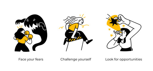 Personal, professional growth and self development business concept illustrations. Face your fears, Challange yourself, Look for opportunities. Visual stories collection