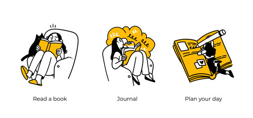 Personal, professional growth and self development business concept illustrations. Read a book, Journal, Plan your day. Visual stories collection