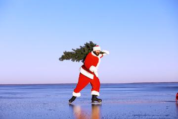 Santa Claus on ice skates goes to Christmas. Santa Claus hurries to meet the New Year with gifts...