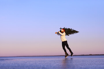 Santa Claus on ice skates goes to Christmas. Santa Claus hurries to meet the New Year with gifts...