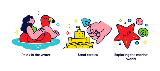 Summer activities and vacation concept illustrations. Collect shells, Sunbathing, Yummy ice-cream. Relax in the water, Sand castles, Exploring the marine world. Visual stories collection