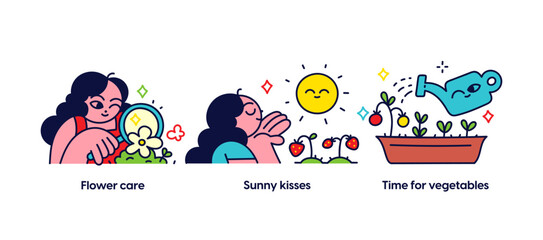 Summer activities and vacation concept illustrations. Flower care, Sunny kisses, Time for vegetables. Visual stories collection