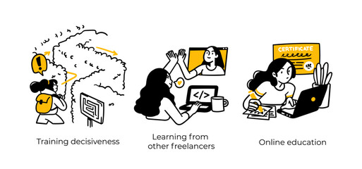 Remote Work Benefits, Limitations and Workflow Organization - abstract business concept illustrations. Training decisiveness, Learning from other freelancers
