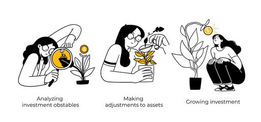 Stock trading, stakeholder, investment, analysis, trader strategy concept illustrations - abstract business concept illustrations. Analyzing investment obstables