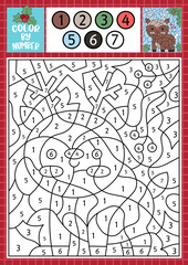 Vector Christmas color by number activity with cute kawaii deer and holly leaves. Winter holiday scene. Black and white counting game with funny little animal. New Year coloring page for kids.