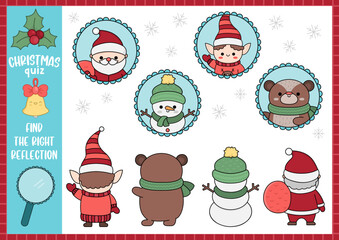 Christmas find the right reflection activity. Logical matching quiz with Santa Claus, snowman, elf, bear. Winter holiday puzzle with cute kawaii characters. Find correct mirror printable worksheet.