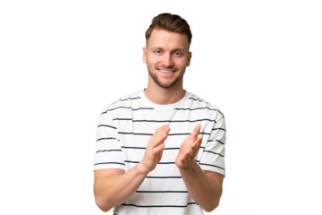 Young blonde caucasian man over isolated background applauding after presentation in a conference