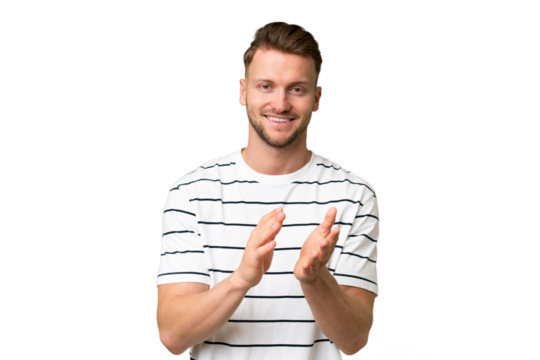 Young blonde caucasian man over isolated background applauding after presentation in a conference