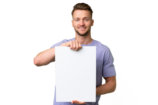 Young blonde caucasian man over isolated background holding an empty placard with happy expression