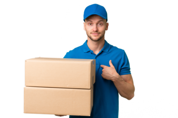Delivery caucasian man over isolated background with surprise facial expression