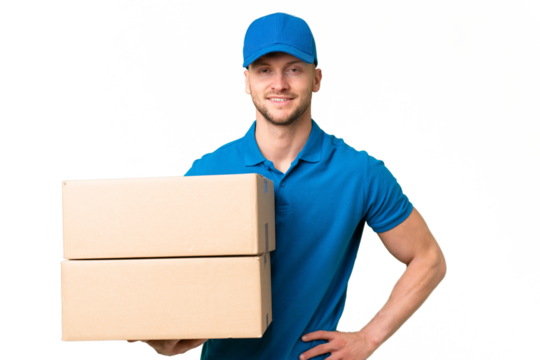 Delivery caucasian man over isolated background posing with arms at hip and smiling