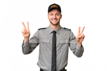 Young security caucasian man over isolated background showing victory sign with both hands