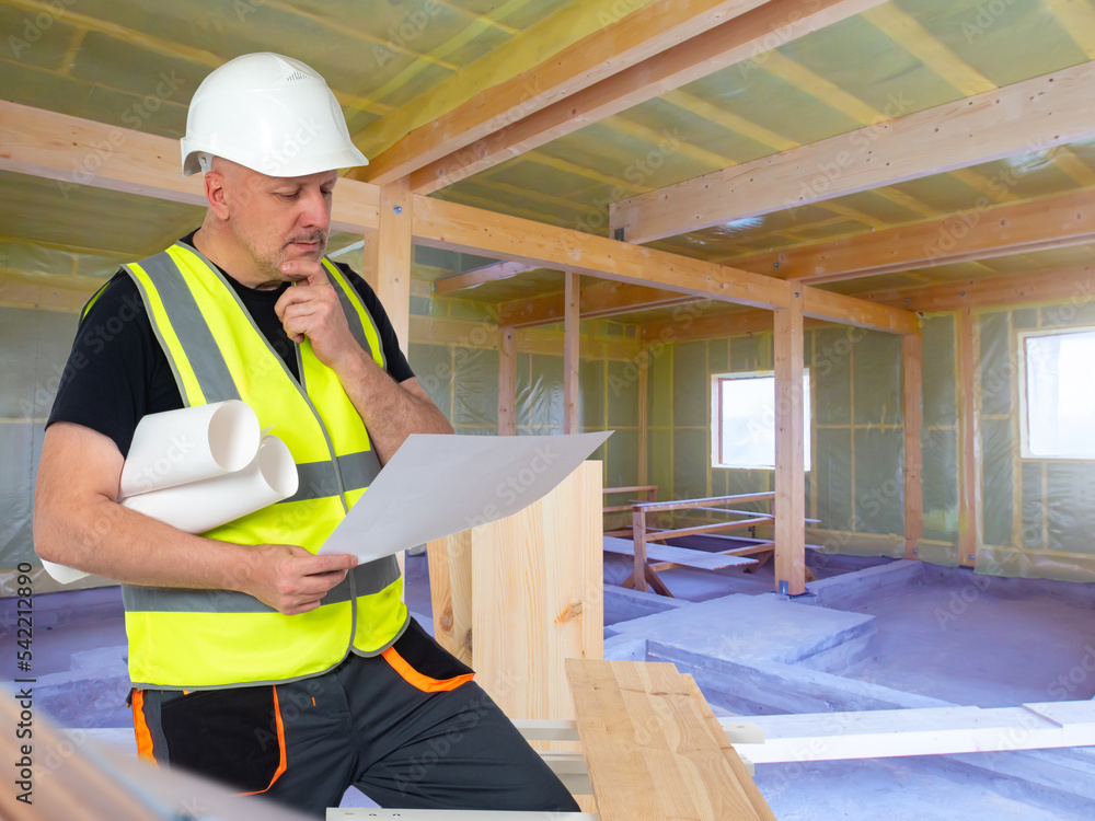 Poster architect considered. man with architectural documentation. male architect at construction site. guy