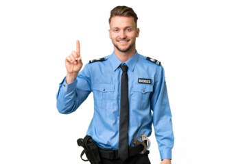 Young police man over isolated background showing and lifting a finger in sign of the best
