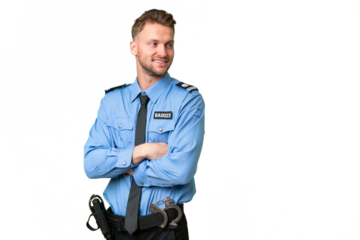 Young police man over isolated background with arms crossed and happy