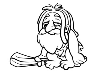 Cartoon illustration of Caveman wearing sabertooth skin outfit and carrying a cudgel. Best for logo, outline, and coloring book with stone age themes for kids