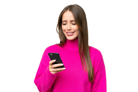 Young beautiful caucasian woman over isolated background sending a message or email with the mobile