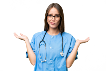 Young nurse caucasian woman over isolated background having doubts while raising hands