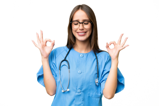 Young nurse caucasian woman over isolated background in zen pose