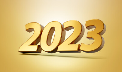Happy New Year 2023. Golden 3D numbers on gold background 3d illustration