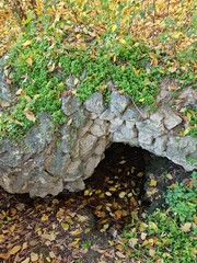Obraz premium Landscape with cave and forest. Picturesque entrance to the cave. Stone wall with a dark hole and a spring.