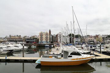 Yachts moored in the marina at Peel a coastal town in the Isle of Man.